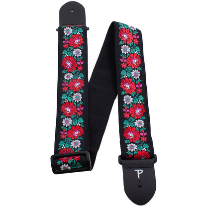 Perris PS7788 2.5" Jacquard Guitar Strap with "Red Floral on Black" Design & Leather ends