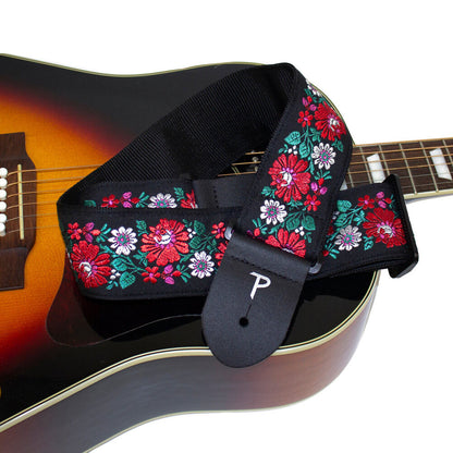 Perris PS7788 2.5" Jacquard Guitar Strap with "Red Floral on Black" Design & Leather ends