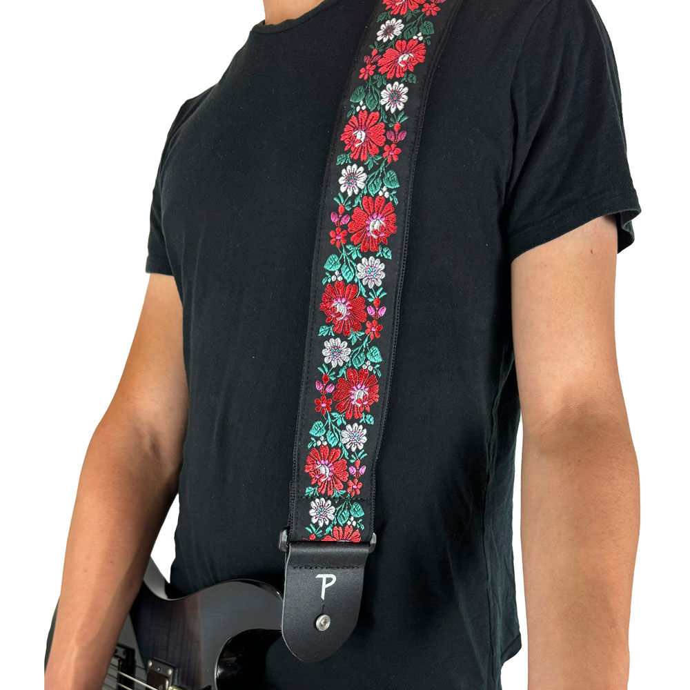 Perris PS7788 2.5" Jacquard Guitar Strap with "Red Floral on Black" Design & Leather ends