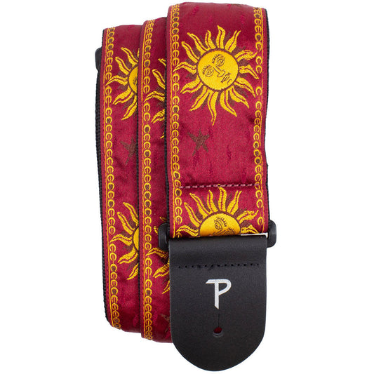 Perris PS7789 2.5" Jacquard Guitar Strap with "Gold Celestial on Burgundy" Design & Leather ends