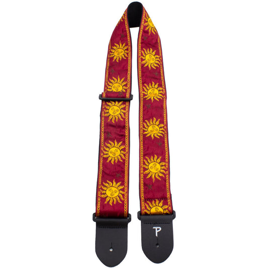 Perris PS7789 2.5" Jacquard Guitar Strap with "Gold Celestial on Burgundy" Design & Leather ends