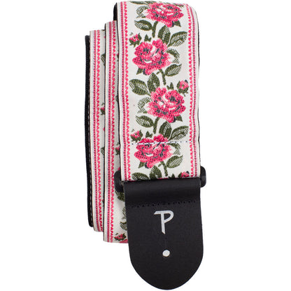 Perris PS7797 2.5" Jacquard Guitar Strap with "Red Roses on White" Design & Leather ends