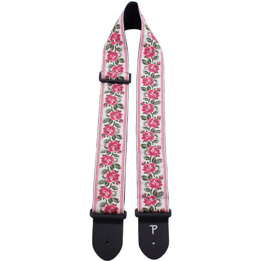 Perris PS7797 2.5" Jacquard Guitar Strap with "Red Roses on White" Design & Leather ends