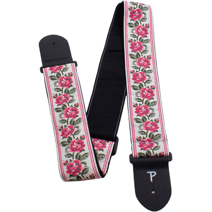 Perris PS7797 2.5" Jacquard Guitar Strap with "Red Roses on White" Design & Leather ends
