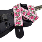 Perris PS7797 2.5" Jacquard Guitar Strap with "Red Roses on White" Design & Leather ends