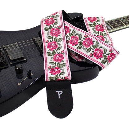 Perris PS7797 2.5" Jacquard Guitar Strap with "Red Roses on White" Design & Leather ends