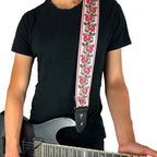 Perris PS7797 2.5" Jacquard Guitar Strap with "Red Roses on White" Design & Leather ends