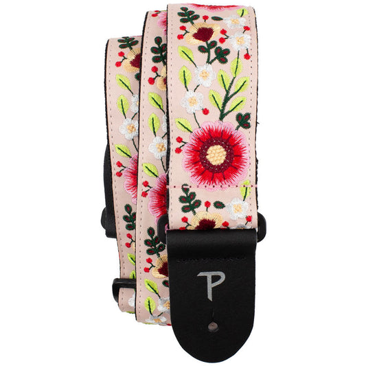 Perris PS7800 2" Jacquard Guitar Strap with "Pink Floral Embroidery" Design & Leather ends
