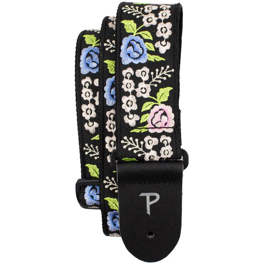 Perris PS7801 2" Jacquard Guitar Strap with "Black Floral Trail Embroidery" Design & Leather ends