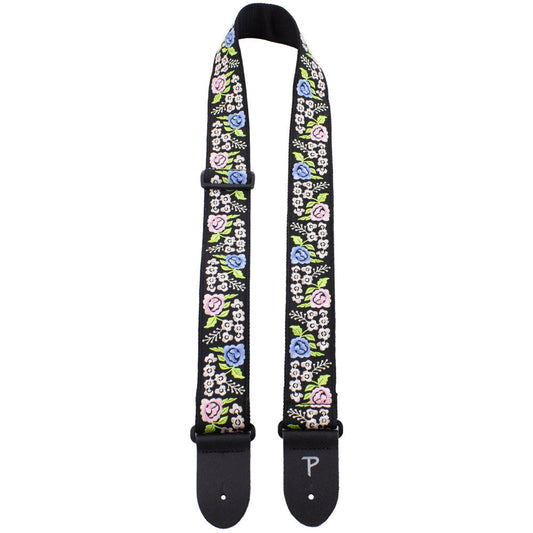 Perris PS7801 2" Jacquard Guitar Strap with "Black Floral Trail Embroidery" Design & Leather ends