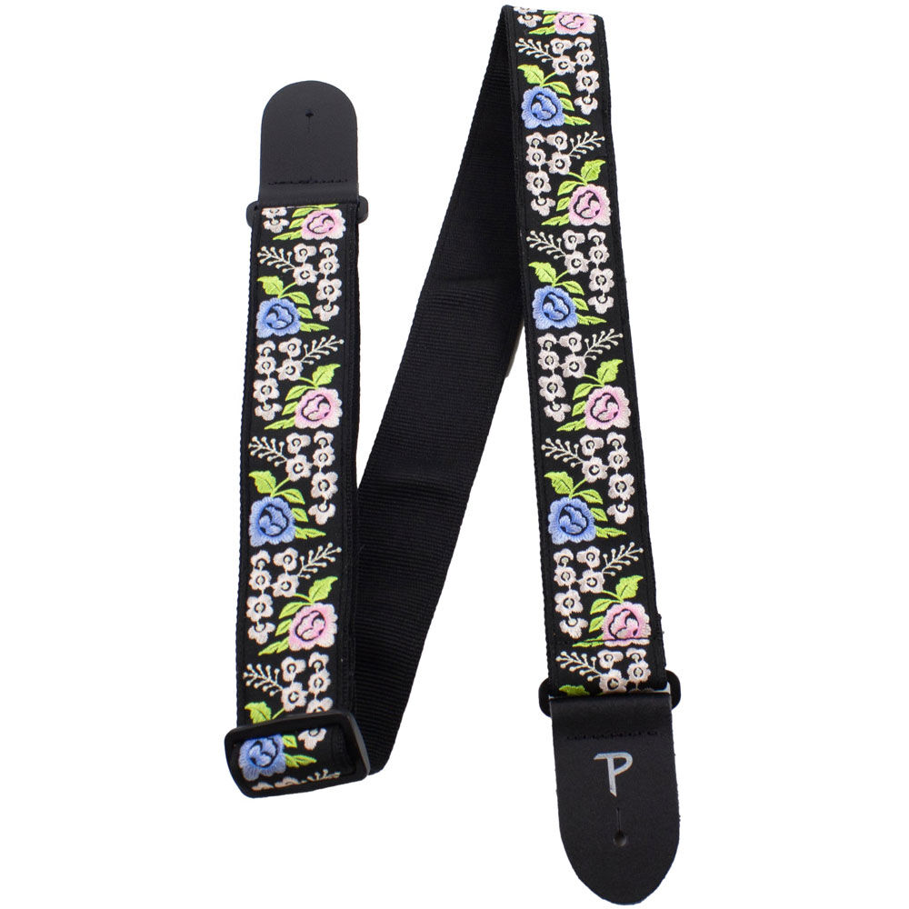 Perris PS7801 2" Jacquard Guitar Strap with "Black Floral Trail Embroidery" Design & Leather ends