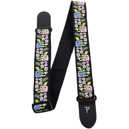 Perris PS7801 2" Jacquard Guitar Strap with "Black Floral Trail Embroidery" Design & Leather ends