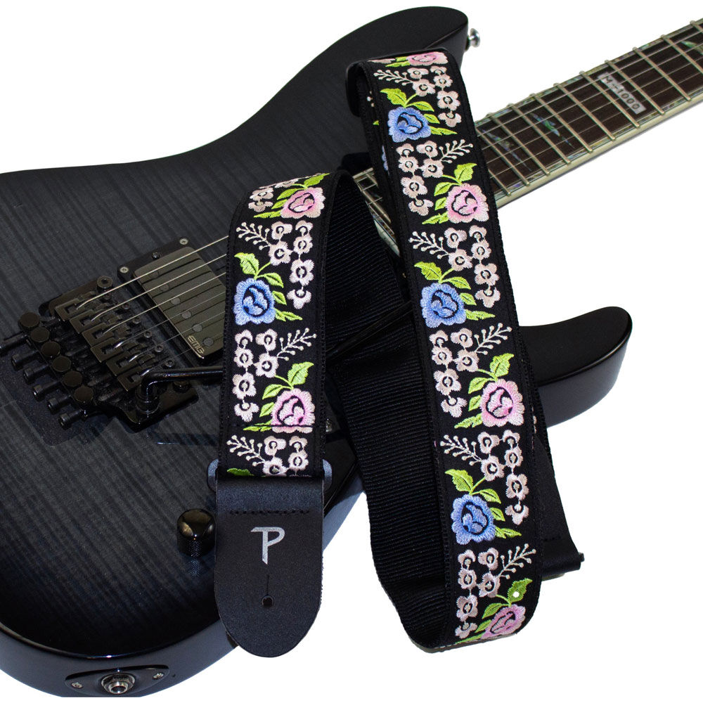 Perris PS7801 2" Jacquard Guitar Strap with "Black Floral Trail Embroidery" Design & Leather ends