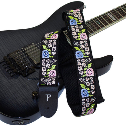 Perris PS7801 2" Jacquard Guitar Strap with "Black Floral Trail Embroidery" Design & Leather ends