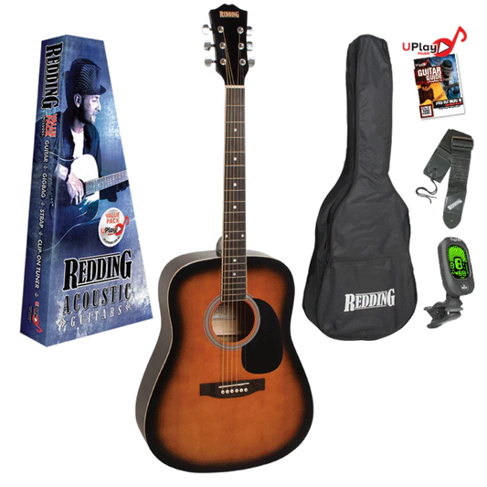 Redding RED50PKLHTS Full-Sized Left-Handed Steel String Acoustic Guitar Pack in Tobacco Sunburst