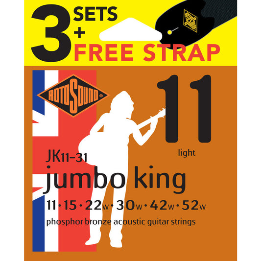 Rotosound Jumbo King Phosphor Bronze 3 Pack Plus Strap - Light 11-52