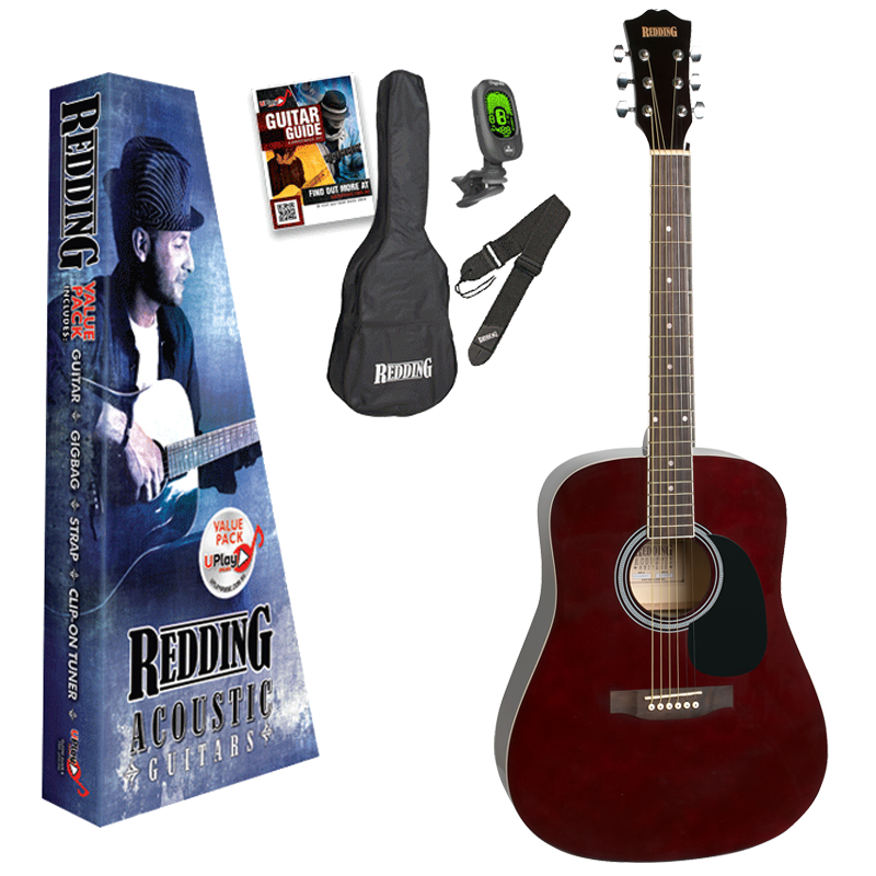 Redding RED50PKTWR Full-Sized Right-Handed Steel String Acoustic Guitar Pack in Transparent Red Wine