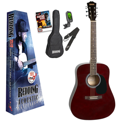 Redding RED50PKTWR Full-Sized Right-Handed Steel String Acoustic Guitar Pack in Transparent Red Wine
