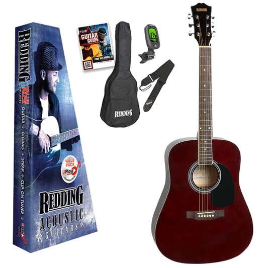 Redding RED50PKTWR Full-Sized Right-Handed Steel String Acoustic Guitar Pack in Transparent Red Wine