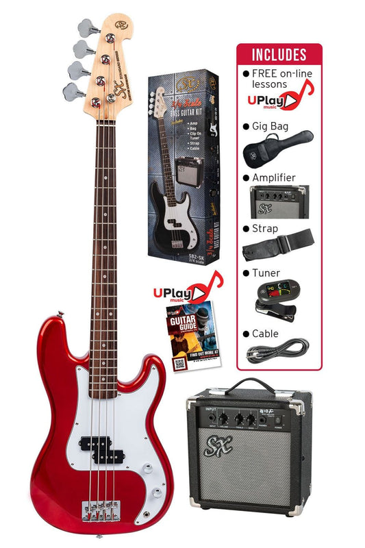 SX SB2SK34CAR Precision-Style 3/4-Sized Right-Handed Bass Guitar Pack in Candy Apple Red