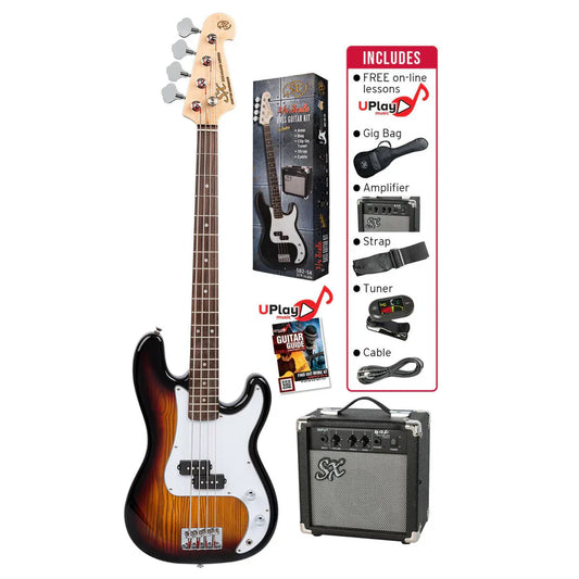 SX SB2SK34TS Precision-Style 3/4-Sized Right-Handed Bass Guitar Pack in 3-Tone Sunburst