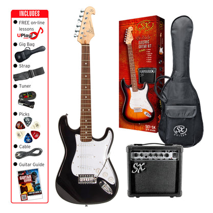 SX SE1SK34B 3/4 Stratocaster Right-Handed Electric Guitar & Amp Pack in Black