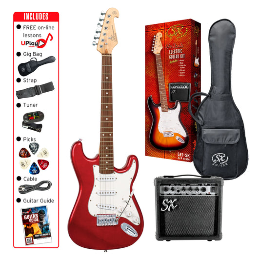 SX SE1SK34CAR 3/4 Stratocaster Electric Guitar & Amp Pack in Red