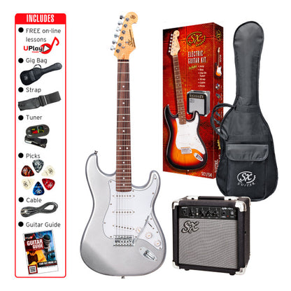 SX SE1SKMS Stratocaster-Style Full-Sized Right-Handed Electric Guitar Pack in Metallic Silver