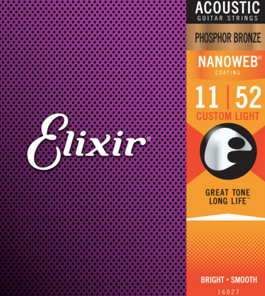Elixir Nanoweb Phosphor Bronze Acoustic Guitar Strings 16027 Custom Light (11-52)