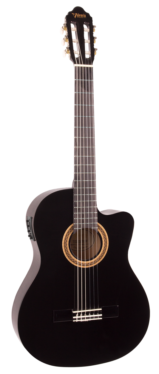 Valencia VC104CEBK Cutaway 4/4-Sized Right-Handed Electric Classical Guitar in Black