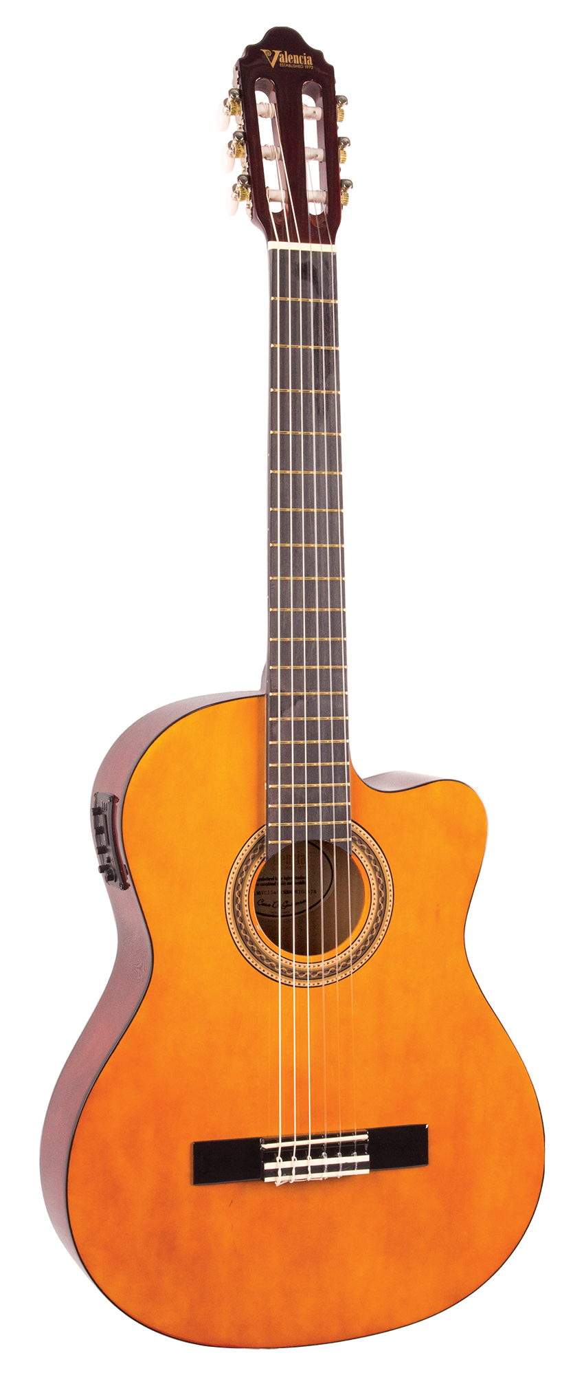 Valencia VC104CE 4/4-Sized Right-Handed Cutaway Electric Classical Guitar in Natural Sunburst