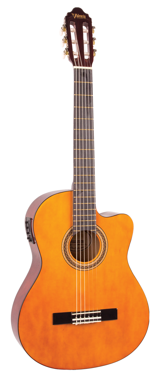 Valencia VC104CE 4/4-Sized Right-Handed Cutaway Electric Classical Guitar in Natural Sunburst