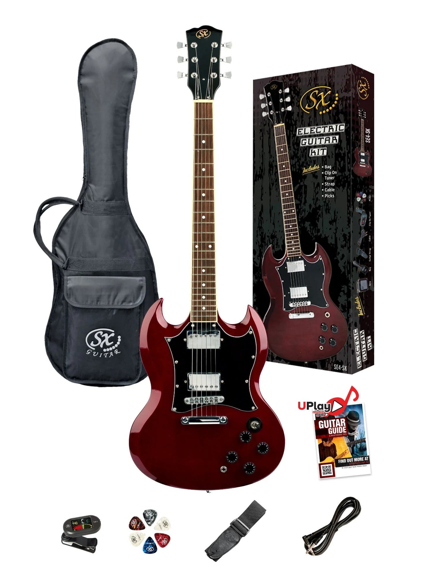 SX GTSE4SKTWR SG-Style Right-Handed Full-Sized Electric Guitar Pack in Transparent Wine Red