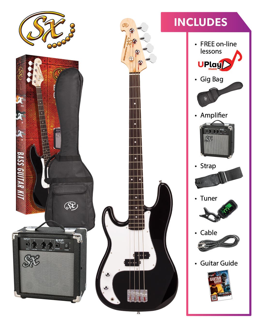SX SB2SKLHB Precision-Style Left-Handed Full-Sized Bass Guitar Pack in Black