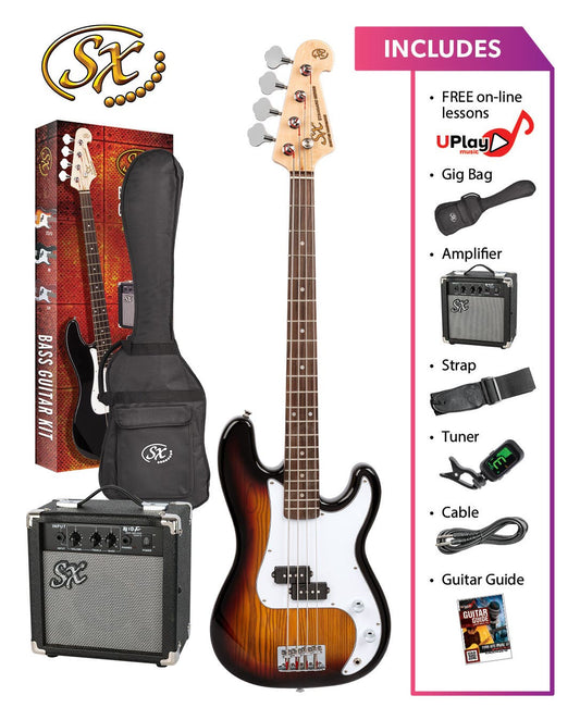 SX SB2SKTS Precision-Style Full-Sized Right-Handed Bass Guitar Pack in 3-Tone Sunburst