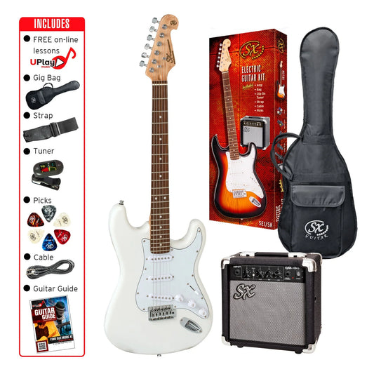 SX SE1SKW Stratocaster-Style Electric Guitar Pack in White