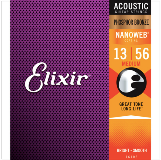 Elixir Nanoweb Phosphor Bronze Acoustic Guitar Strings 16102 Medium (13-56)