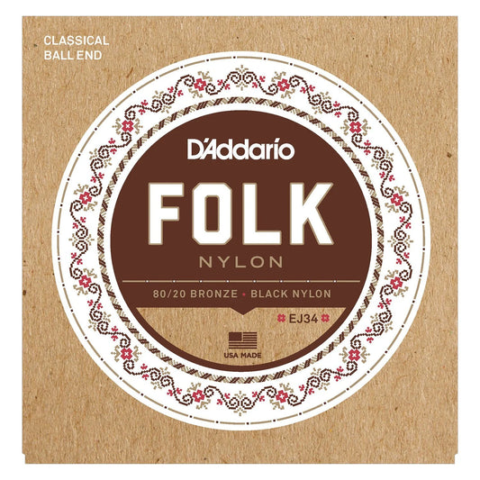 D'Addario 80/20 Bronze Folk Black Nylon Classical Ball End Strings EJ34